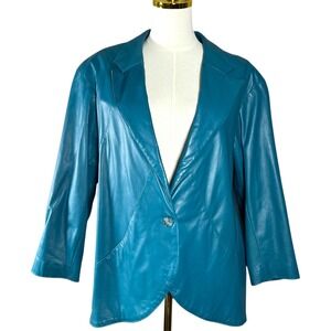 Ruth Wagner Teal Genuine Leather Blazer Jacket Womens Size S Single Button